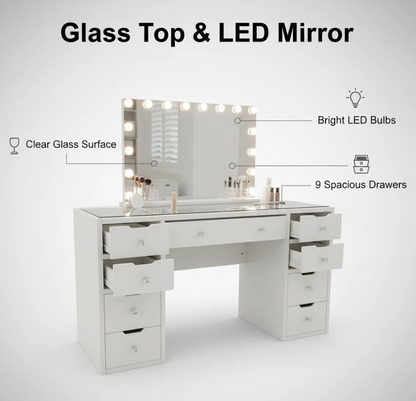 1430mm (with stool) White Glass Top Vanity Dresser with LED Mirror and 9 Drawers, 1430mm