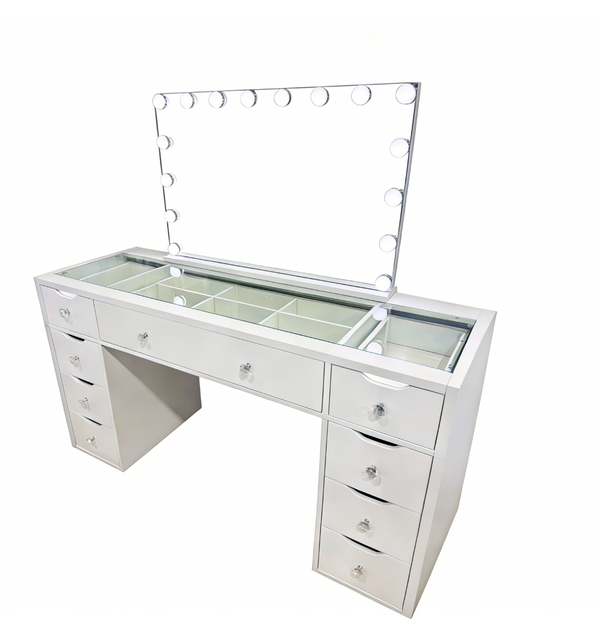 (Flat Packed) KL-DS11N  (Pick Up Only) WHITE GLASS TOP MAKE-UP DRESSER TABLE WITH LED MIRROR WITH 9 DRAWERS KL-DS11N (Flat Packed) (NO STOOL)