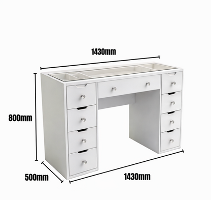1430mm White Glass Top Vanity Table with 9 Drawers — KL-DS11N