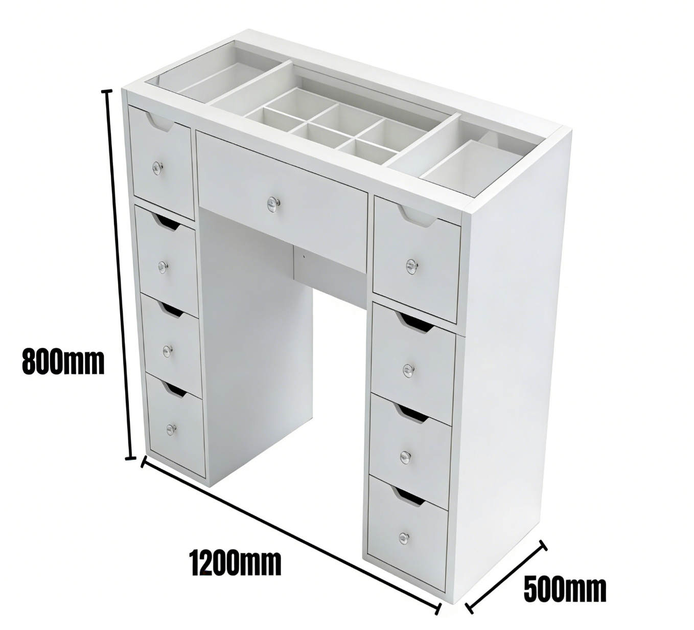 1200mm White Glass Top Makeup Vanity Table with 9 Drawers, 1200mm