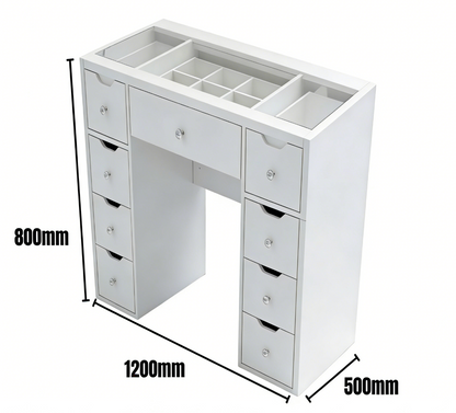 1200mm White Glass Top Makeup Vanity Table with 9 Drawers, 1200mm
