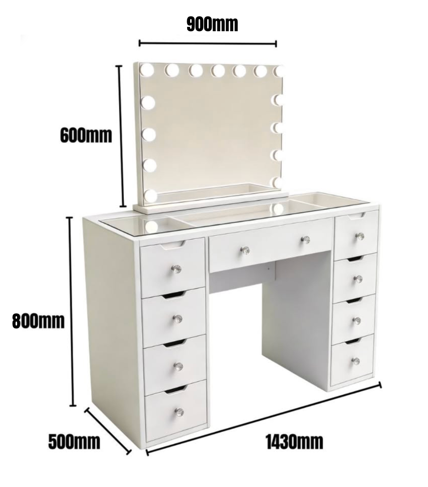 1430mm (with stool) White Glass Top Vanity Dresser with LED Mirror and 9 Drawers, 1430mm