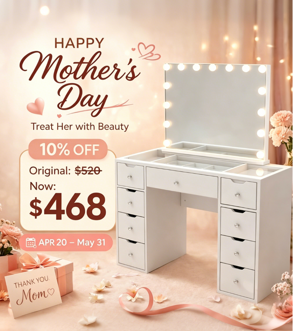 10% OFF 1200mm(L) KL-DS12N WHITE GLASS TOP MAKE-UP DRESSER TABLE WITH LED MIRROR WITH 9 DRAWERS  (Flat Packed) (NO STOOL)