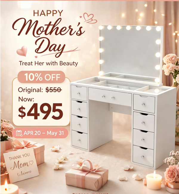 10% OFF (Flat Packed) KL-DS11N WHITE GLASS TOP MAKE-UP DRESSER TABLE WITH LED MIRROR WITH 9 DRAWERS KL-DS11N  (NO STOOL)