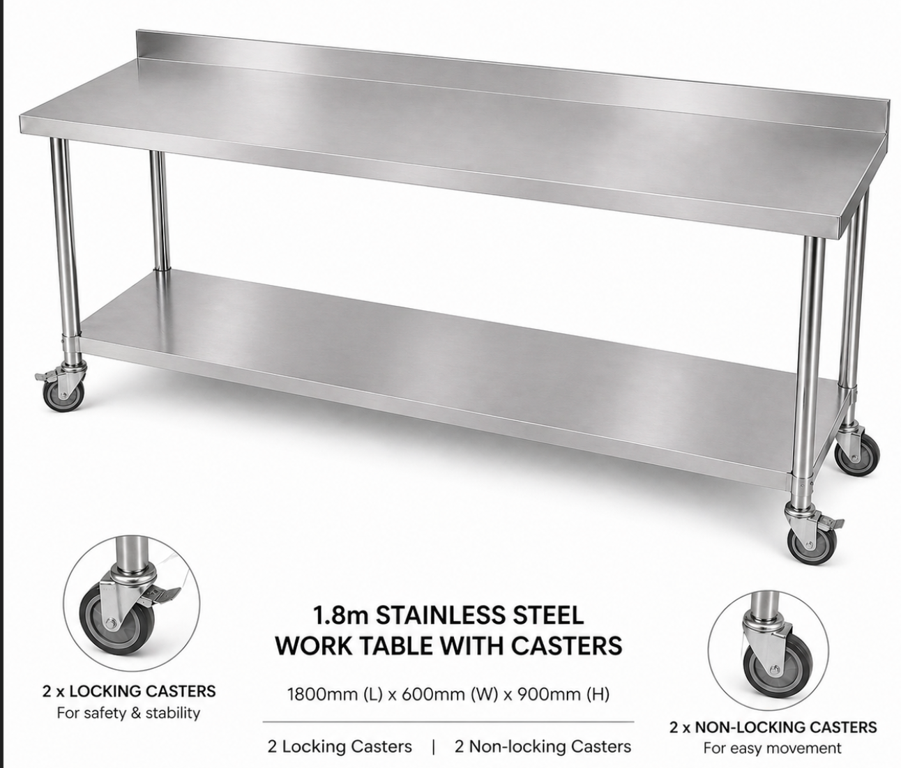 Stainless Steel Workbench 1800mm 2-Tier With Splashback 304 Grade