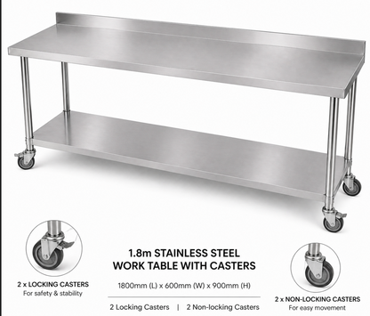Stainless Steel Workbench 1800mm 2-Tier With Splashback 304 Grade