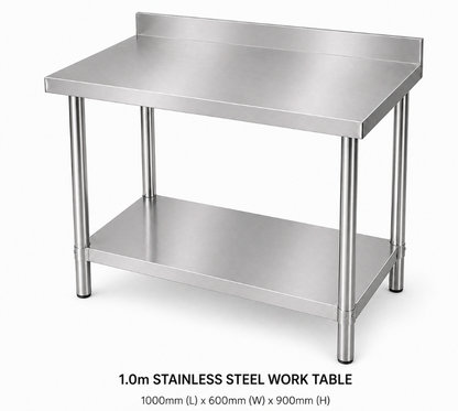 (Brisbane Only) 304 Stainless Steel Workbench 1000x600x900mm With Splashback 2-Tier
