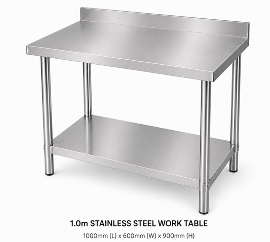 (Brisbane Only) 304 Stainless Steel Workbench 1000x600x900mm With Splashback 2-Tier