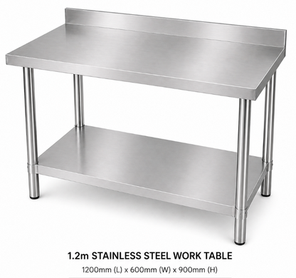 Stainless Steel Workbench 1200x600x900mm 304 Grade with Splashback
