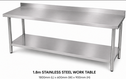 Stainless Steel Workbench 1800mm 2-Tier With Splashback 304 Grade