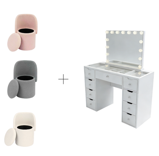 1430mm (with stool) White Glass Top Vanity Dresser with LED Mirror and 9 Drawers, 1430mm