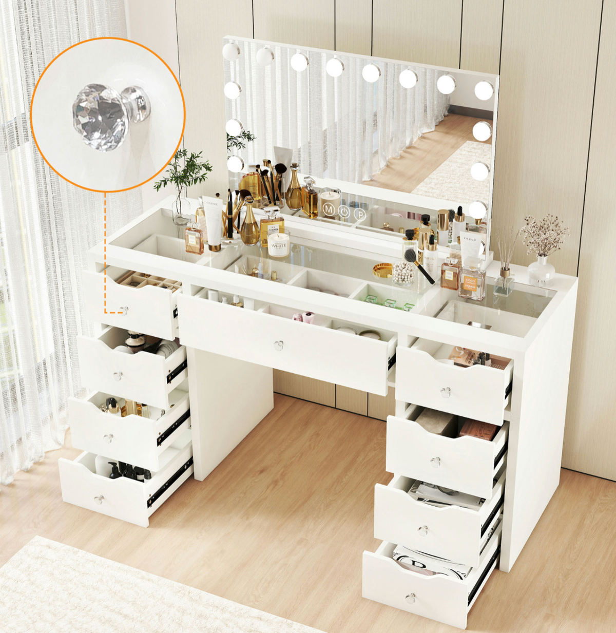 1430mm White Glass Top Vanity Dresser with LED Mirror and 9 Drawers – White