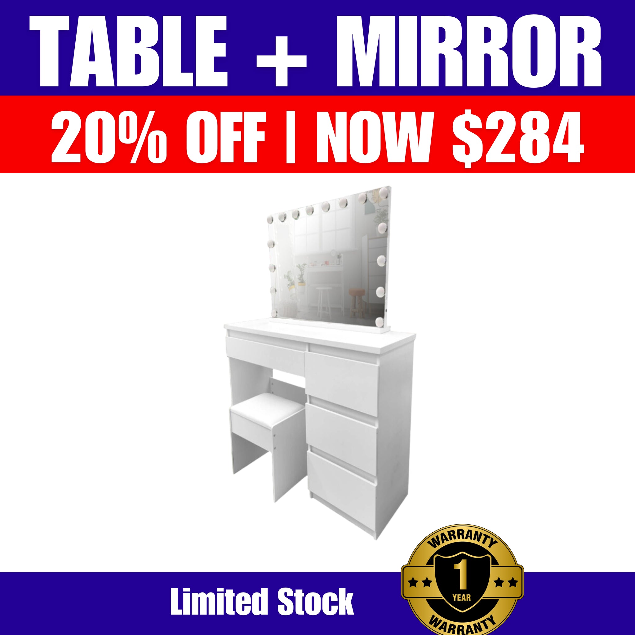 20% off (Brisbane only) WHITE MAKE-UP DRESSER TABLE WITH LED MIRROR WITH DRAWERS & PULL OUT CHAIR KL-DS04