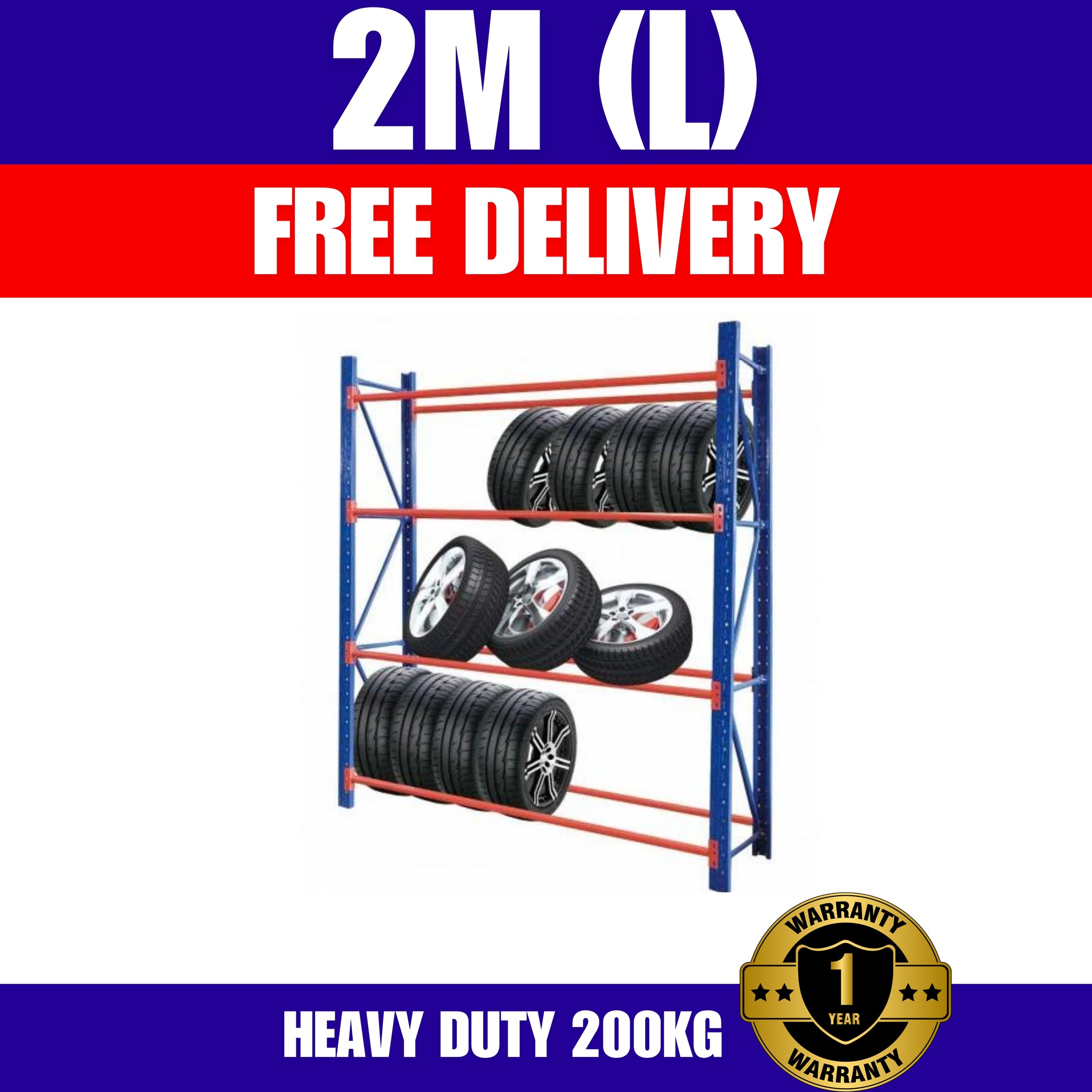 FREE DELIVERY- HEAVY DUTY Garage Tyre Rack 2M ｜ 4M ｜ 6M （L) X 2.4M BLUE & ORANGE (L): 1.2m | 1.5m | 2m  (Only Brisbane) (Copy) (Copy)