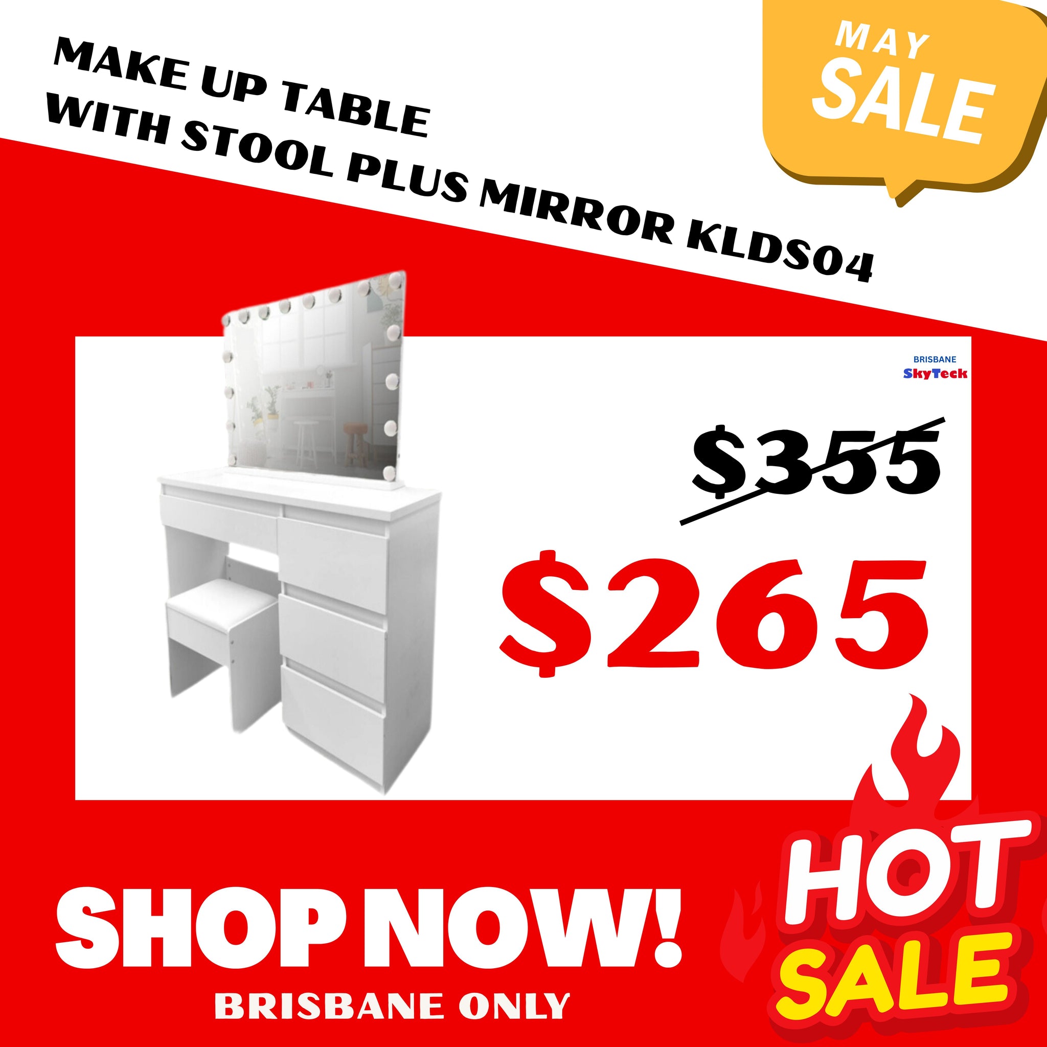KL-DS04 WHITE MAKE-UP DRESSER TABLE WITH LED MIRROR WITH DRAWERS & PULL OUT CHAIR