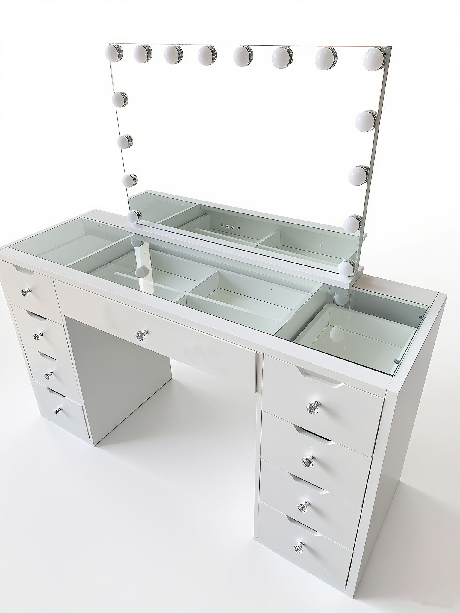 1200mm(L) Melbourne, Sydney, Perth Only KL-DS12N WHITE GLASS TOP MAKE-UP DRESSER TABLE WITH LED MIRROR WITH 9 DRAWERS KL-DS11N (Flat Packed) (NO STOOL)