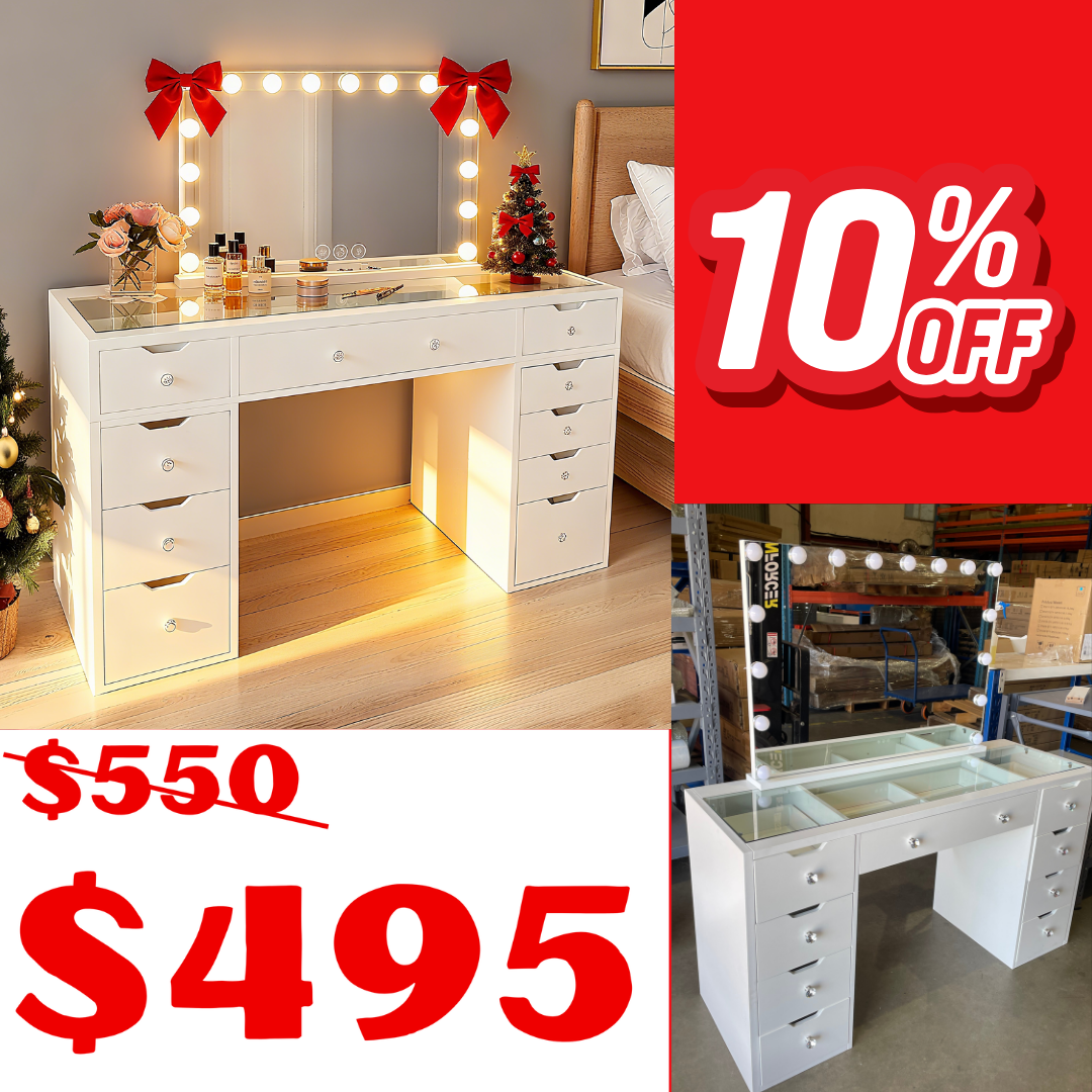 (Flat Packed) KL-DS11N  (Pick Up Only) WHITE GLASS TOP MAKE-UP DRESSER TABLE WITH LED MIRROR WITH 9 DRAWERS KL-DS11N (Flat Packed) (NO STOOL)