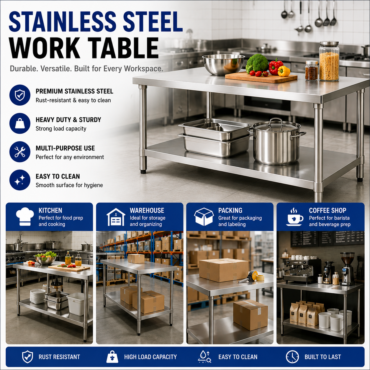 (Brisbane Only) 1000mm(L)x600mm(D)x900mm 304 Stainless Steel Workbench – 2-Tier Commercial Kitchen Prep Table, Outdoor BBQ Table, Food Prep & Garage Work Table
