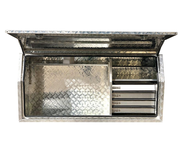 (Full Open) 170cm(L) x 60cm(D) x 80cm(H) Aluminum Checkerplate Tool Box for UTE & Trailer Storage (4x drawers + Adjustable Shelf) (Sliver)