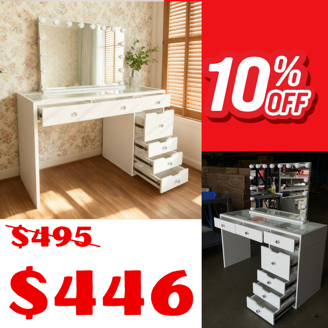 (Flat Packed) KL-DS10N (Pick Up Only) WHITE MAKE-UP GLASS TOP DRESSER TABLE WITH LED MIRROR WITH 7 DRAWERS WITH LED MIRROR  (Flat Packed) (NO STOOL)