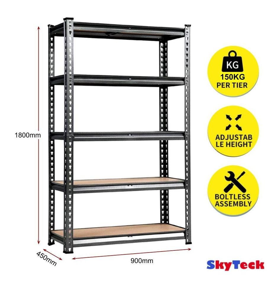 900MM HEAVY DUTY GARAGE SHELVING BLACK 5 TIER STORAGE SHELVING UNITS MDF G090K