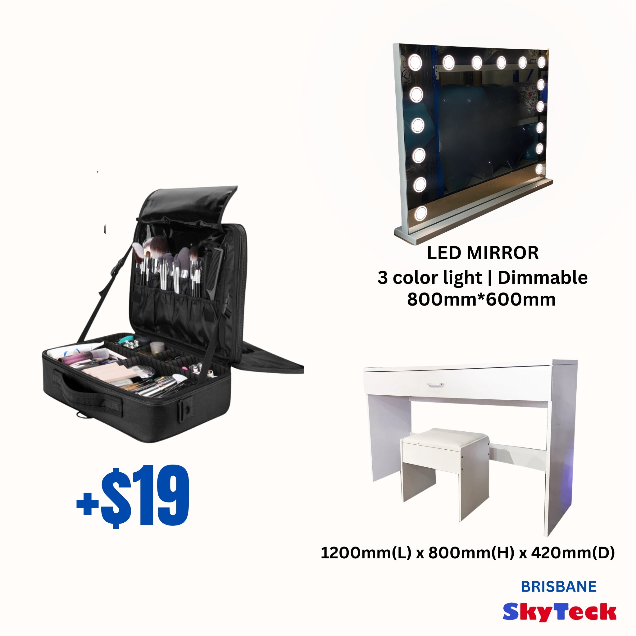 Vanity LED Mirror (800mm*600mm) + Dress-up table with Drawer (1200mm(L) x 800mm(H) x 400mm(D)) & pull out chair