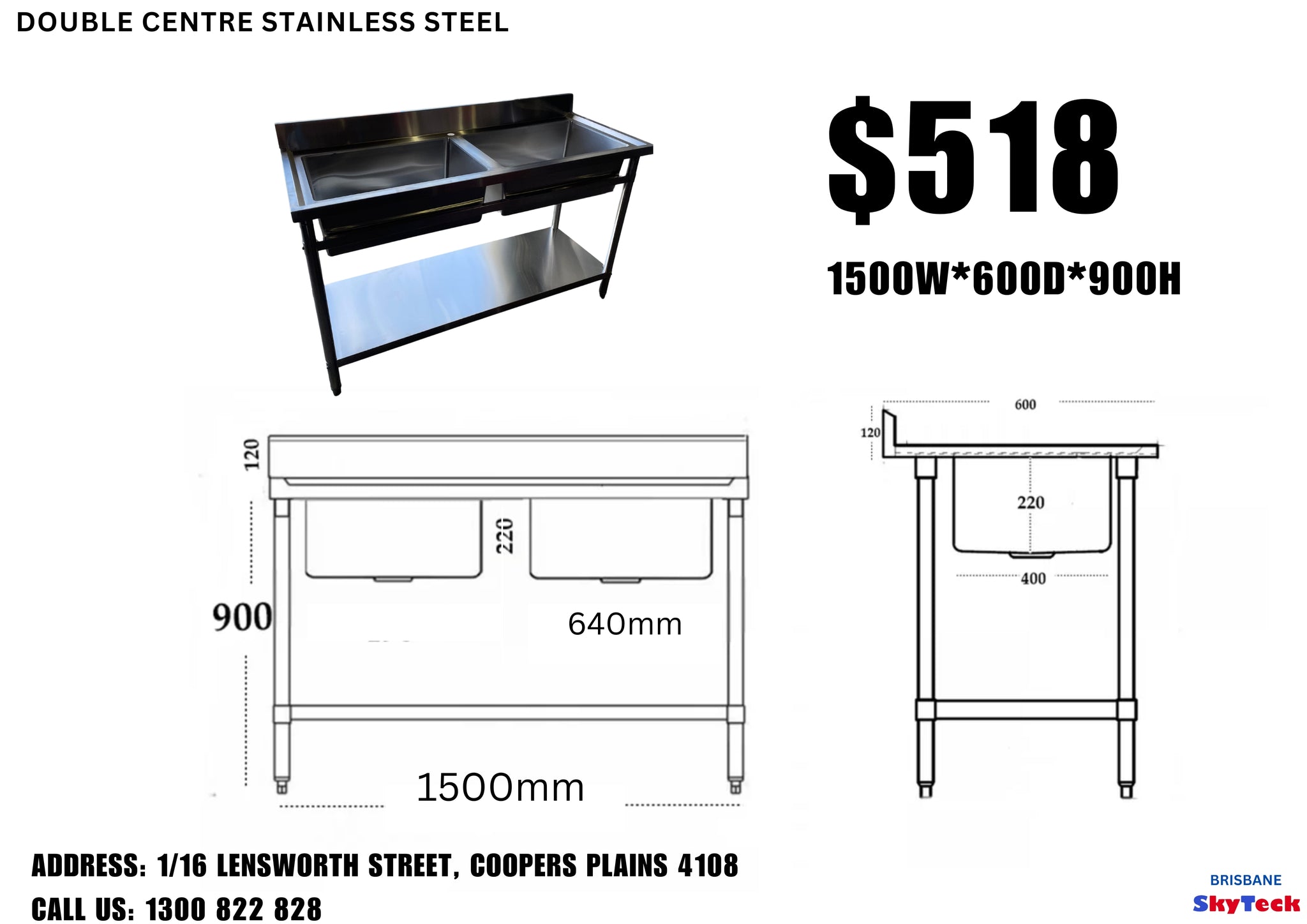 (BRISBANE & SYDNEY ONLY) 1500mmW X 600mm D X 900mm H Double Stainless Sink With 120mm Splashback (Copy)