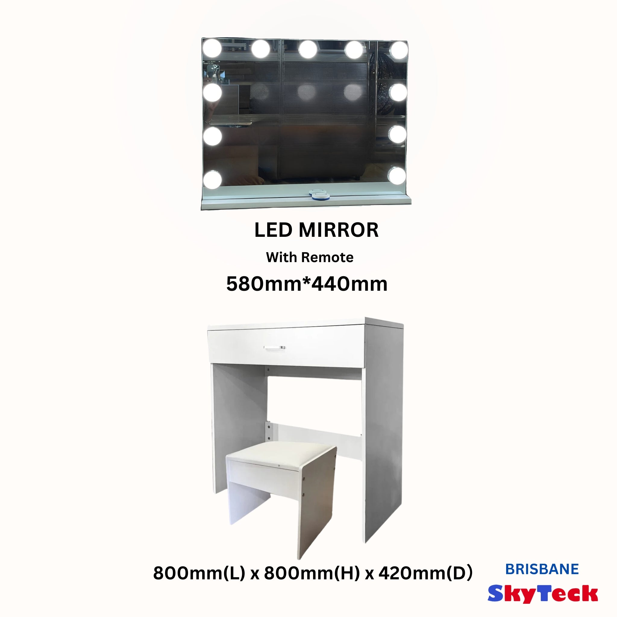 Vanity LED Mirror (580mm*440mm) + Dress-up table with Drawer (800mm(L) x 800mm(H) x 420mm(D)) & pull out chair