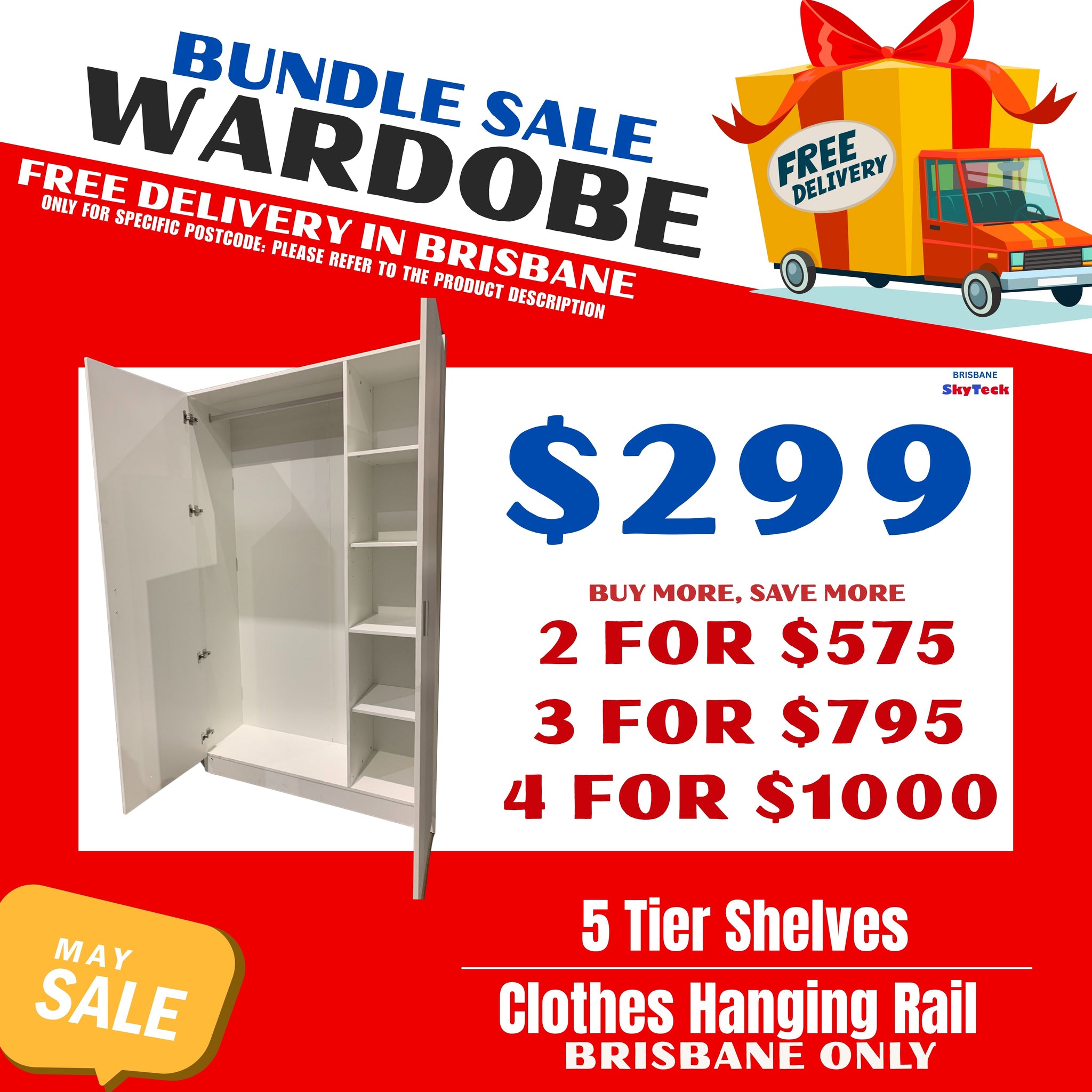 (Briabane Only) FREE DELIVERY White 5 tier Storage Wardorbe Cabinet with hanger rod 1200mm (L) x 2000mm (H) x 450mm (D)