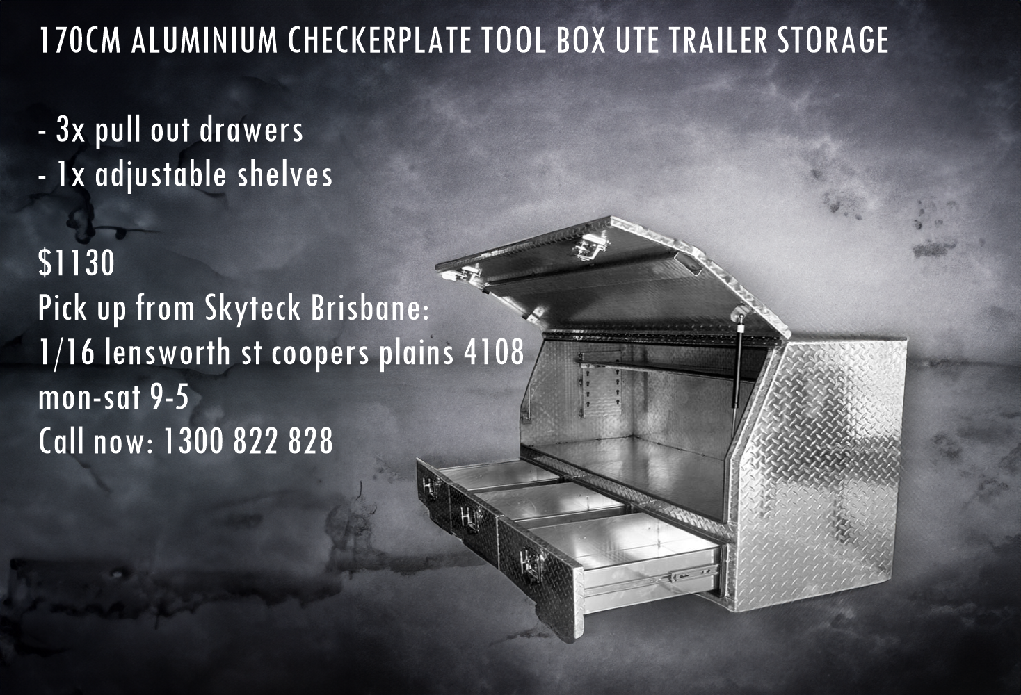 (Half Open) 170cm(L) x 60cm(D) x 80cm(H) Aluminum Checkerplate Tool Box for UTE & Trailer Storage (3 Drawers + Adjustable Shelf) (Sliver)