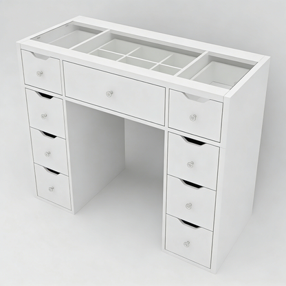 1200mm White Glass Top Makeup Vanity Table with 9 Drawers, 1200mm