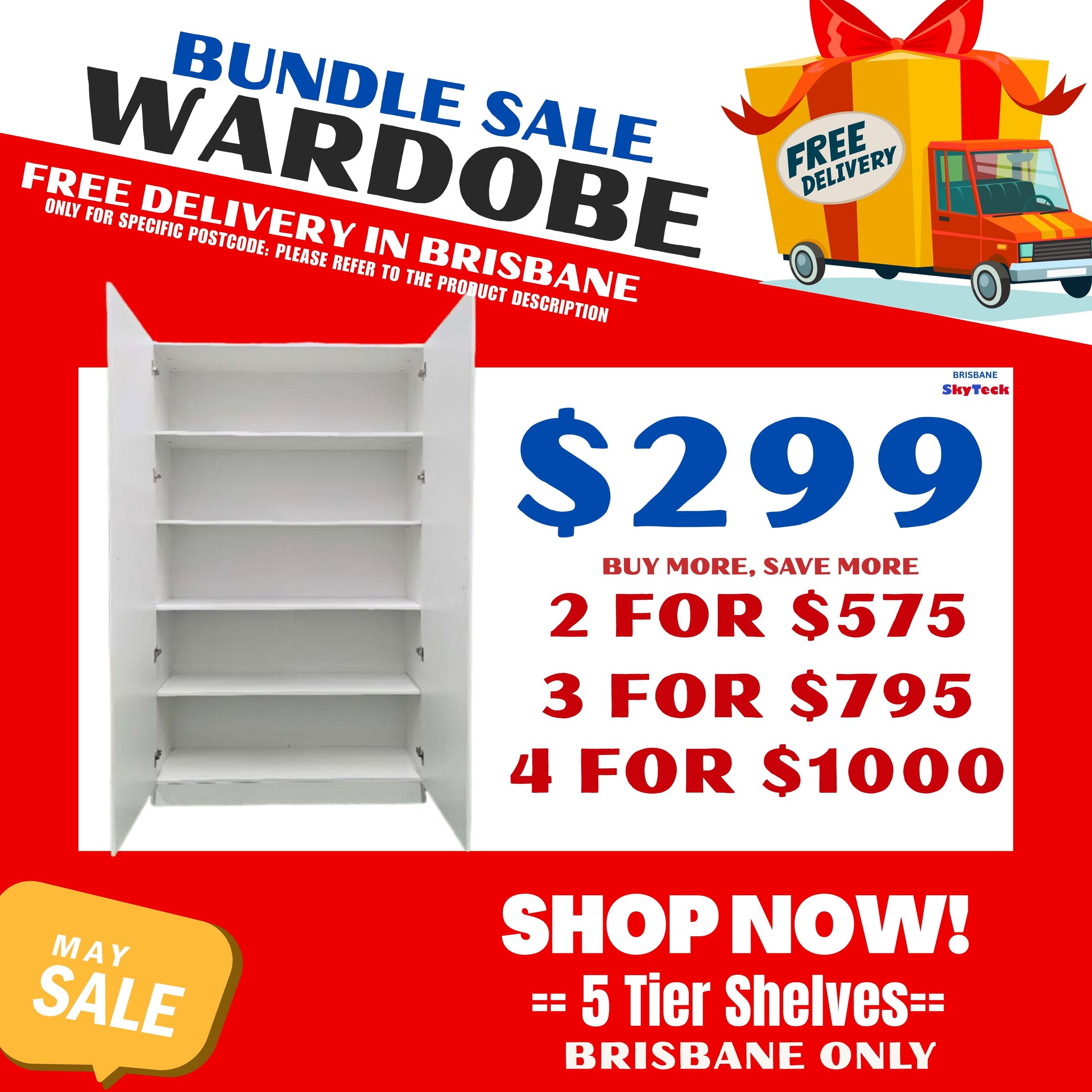 (Briabane Only) FREE DELIVERY White 5 tier Storage Wardorbe Cabinet with shelves 1200mm (L) x 2000mm (H) x 450mm (D)