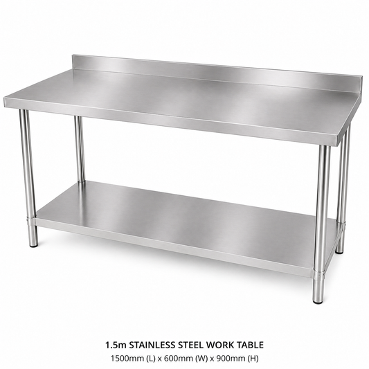 304 Stainless Steel Workbench 1500mm With Splashback, 2-Tier