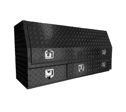 (Half Open) 170cm(L) x 60cm(D) x 80cm(H) Aluminum Checkerplate Tool Box for UTE & Trailer Storage (3 Drawers + Adjustable Shelf)  (Black)