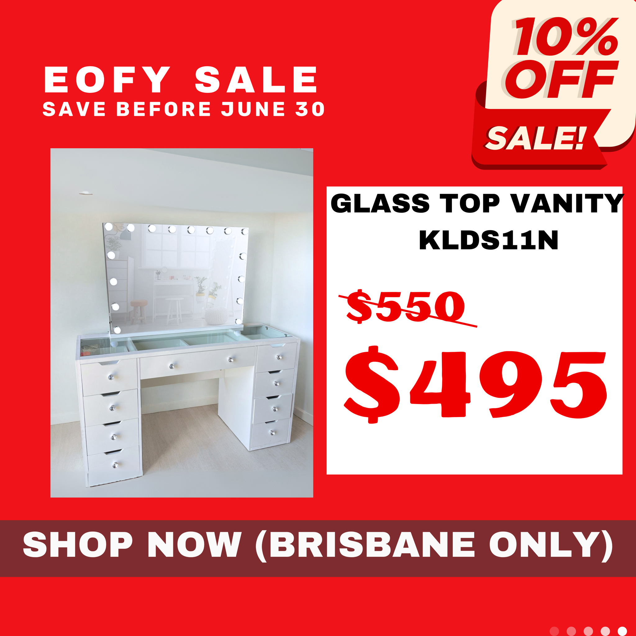 KL-DS11N  (Pick Up Only) WHITE GLASS TOP MAKE-UP DRESSER TABLE WITH LED MIRROR WITH 9 DRAWERS KL-DS11N (NO STOOL)