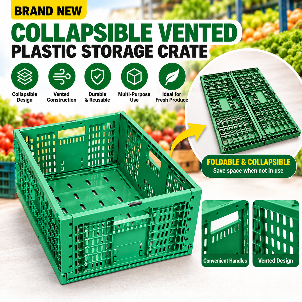 Brisbane only- Green Collapsible Vented Plastic Storage Crate 60x40x31cm Blue Stackable PC60G