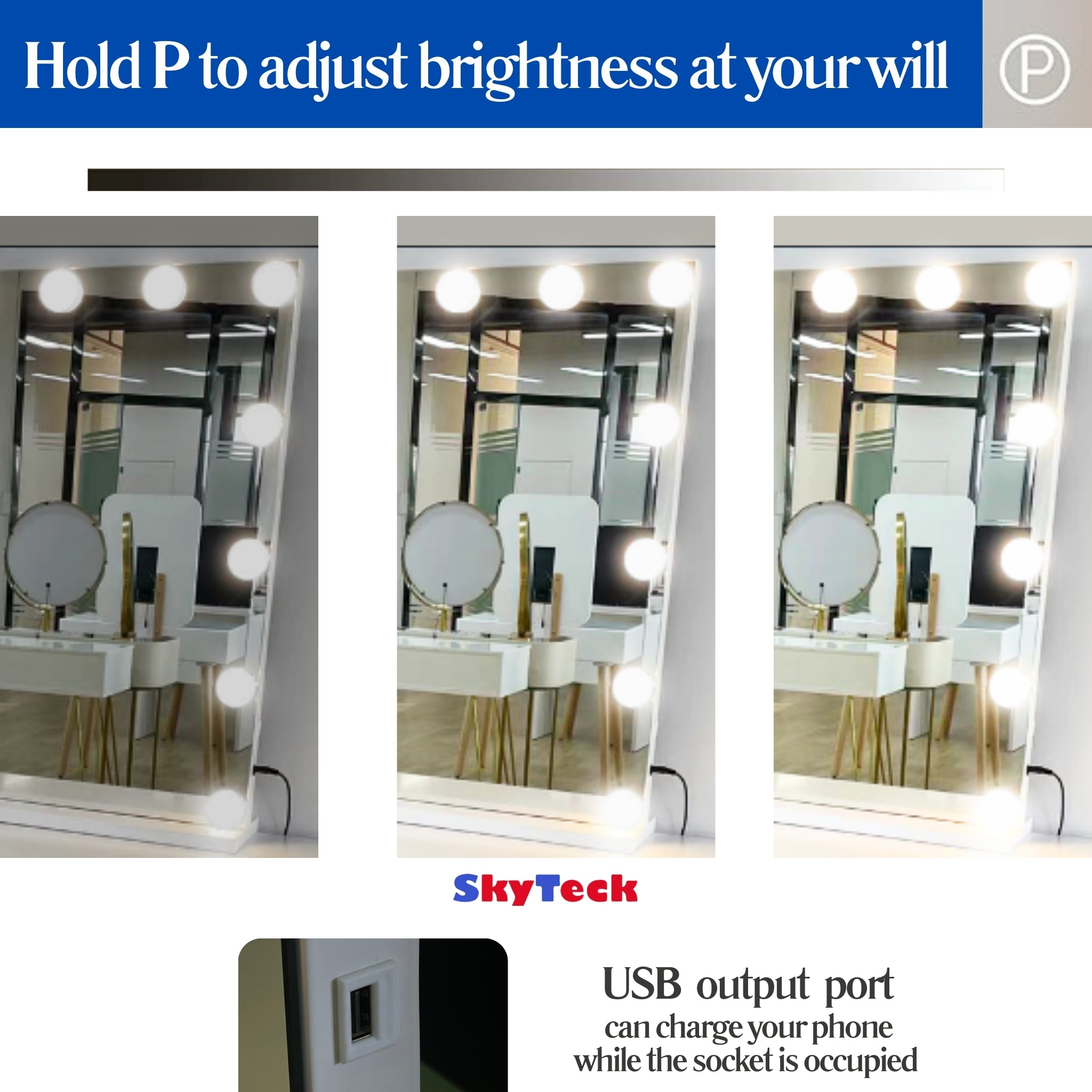 White Make-up Hollywood Led Mirror Hollywood Style LED Vanity Mirror Lights with dimmable Bulbs, USB Cable, White- SIZE: 100CM X 70CM ML-DS06/07