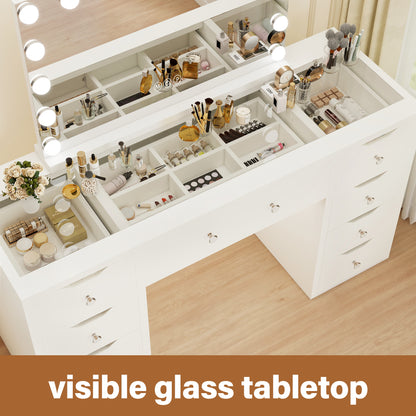 1430mm (with stool) White Glass Top Vanity Dresser with LED Mirror and 9 Drawers, 1430mm
