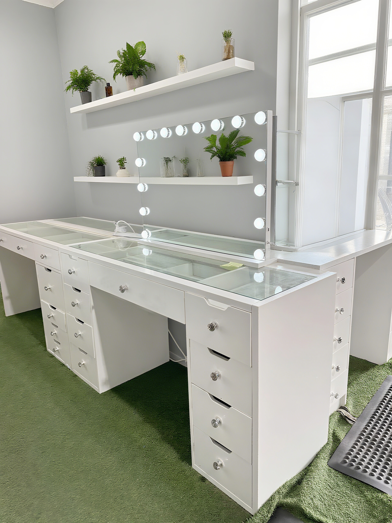 1200mm(L) Melbourne, Sydney, Perth Only KL-DS12N WHITE GLASS TOP MAKE-UP DRESSER TABLE WITH LED MIRROR WITH 9 DRAWERS KL-DS11N (Flat Packed) (NO STOOL)