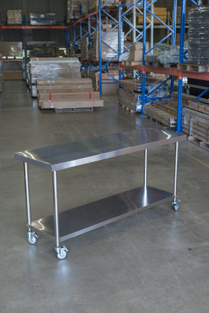 (Brisbane Only) 1000x600x900mm  304 Stainless Steel Workbench with Wheels – 2-Tier Commercial Kitchen Prep Table, Outdoor BBQ Table, Food Prep & Garage Work Table