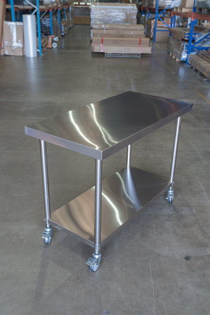 (Brisbane Only) 1000x600x900mm  304 Stainless Steel Workbench with Wheels – 2-Tier Commercial Kitchen Prep Table, Outdoor BBQ Table, Food Prep & Garage Work Table