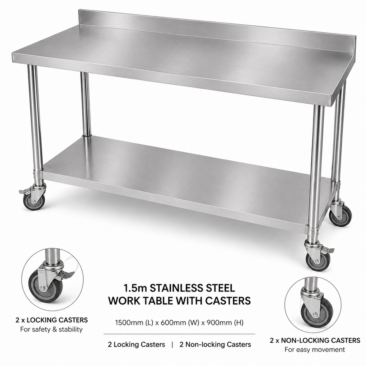 304 Stainless Steel Workbench 1500mm With Splashback, 2-Tier