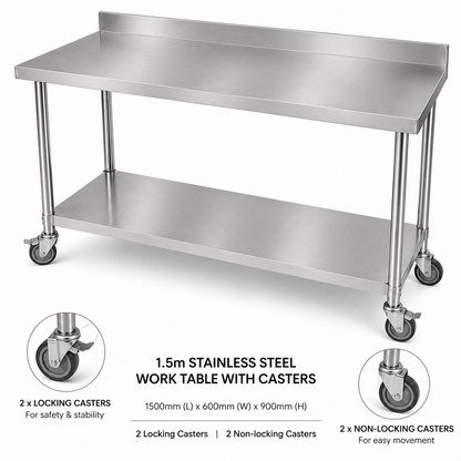 304 Stainless Steel Workbench 1500mm With Splashback, 2-Tier