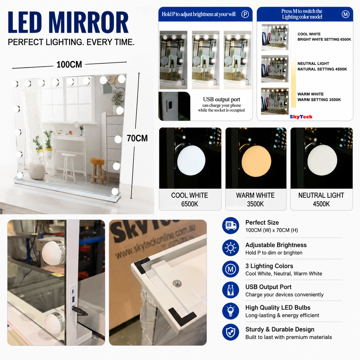 Hollywood LED Vanity Mirror with Dimmable Bulbs 100 x 70cm