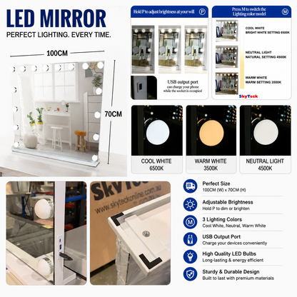 Hollywood LED Vanity Mirror with Dimmable Bulbs 100 x 70cm