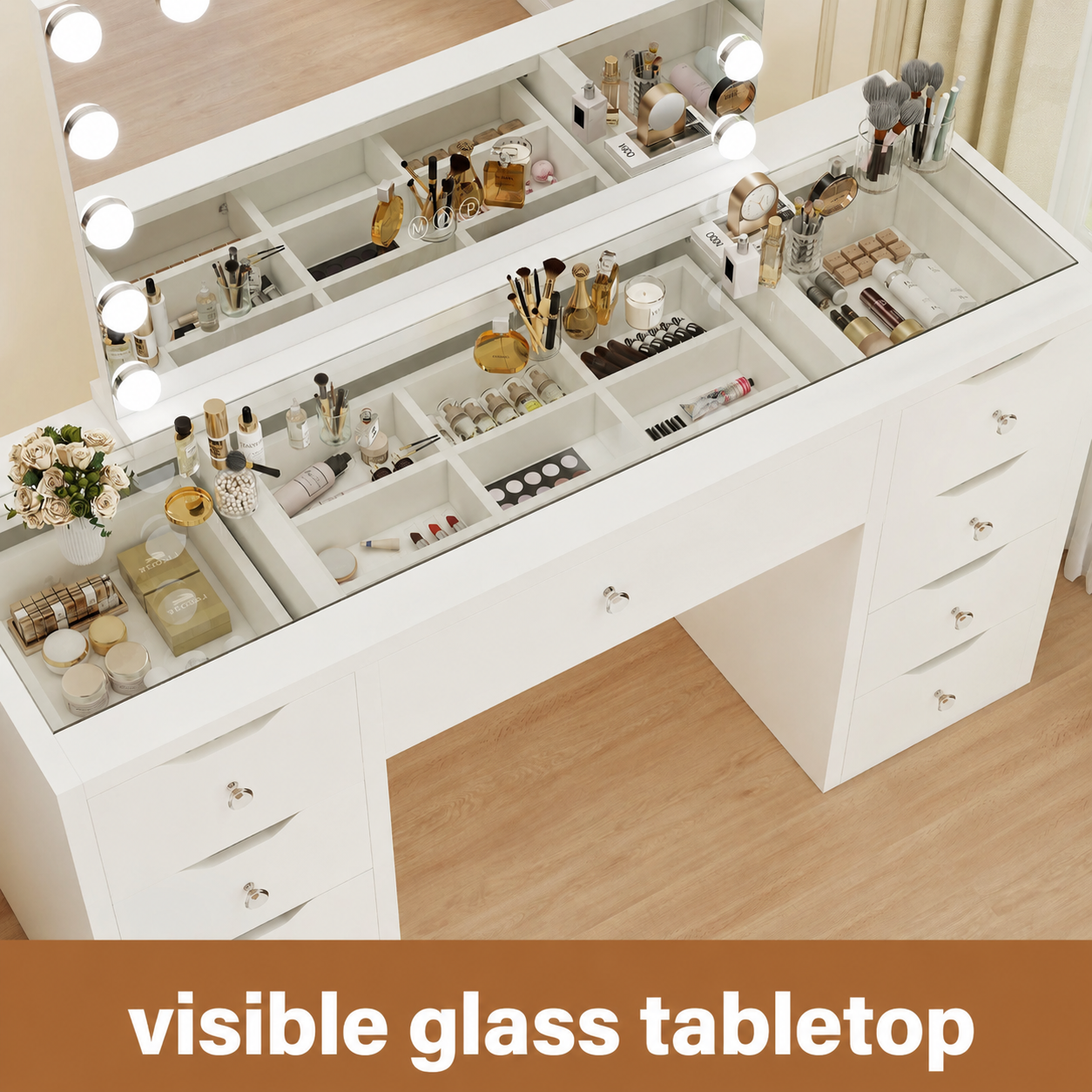 1430mm (with stool) White Glass Top Vanity Dresser with LED Mirror and 9 Drawers, 1430mm
