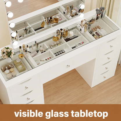 1430mm (with stool) White Glass Top Vanity Dresser with LED Mirror and 9 Drawers, 1430mm