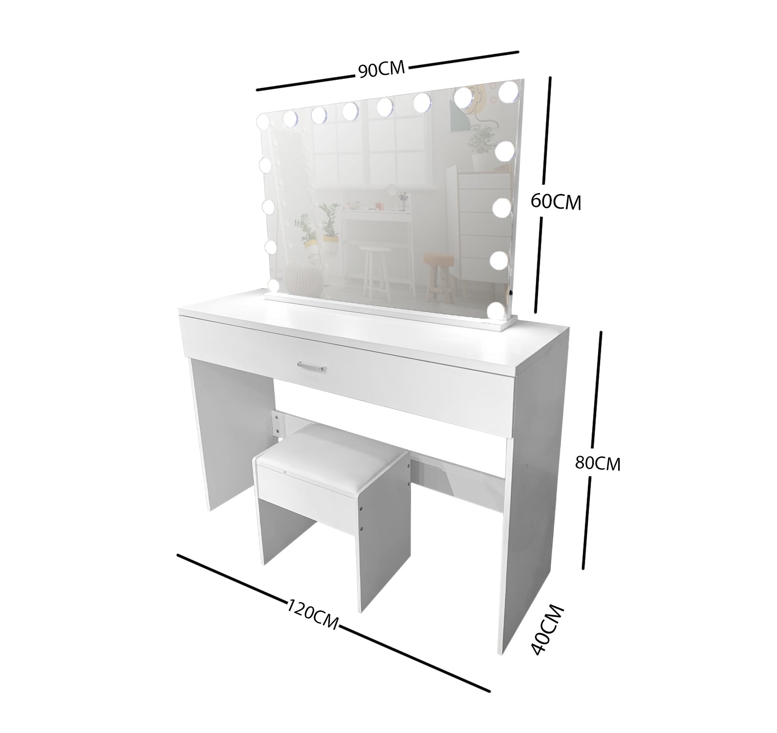 WHITE MAKE-UP DRESSER TABLE WITH LED MIRROR WITH DRAWER & PULL OUT CHAIR KL-DS02