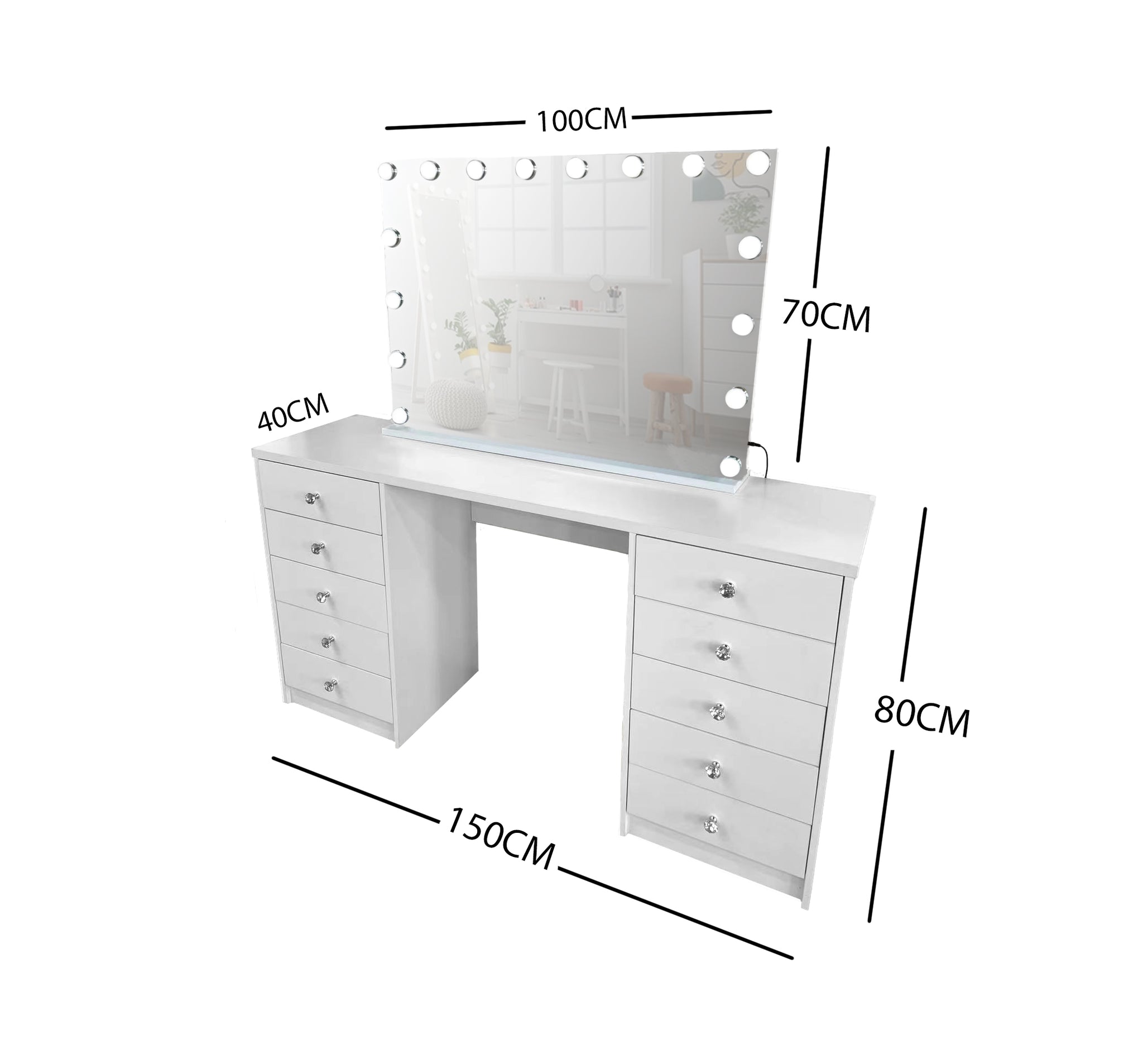 WHITE MAKE-UP DRESSER TABLE WITH LED MIRROR WITH 10 DRAWERS KL-DS06