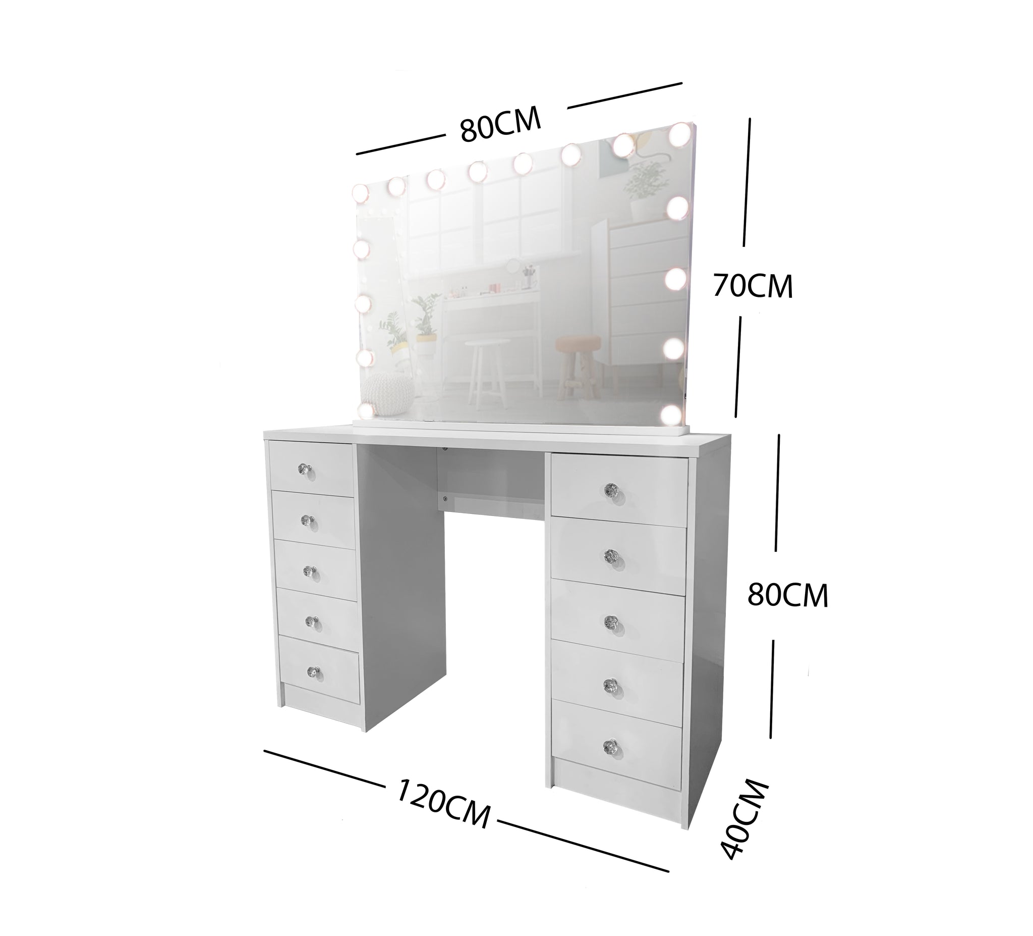 WHITE MAKE-UP DRESSER TABLE WITH LED MIRROR WITH 10 DRAWERS KL-DS07